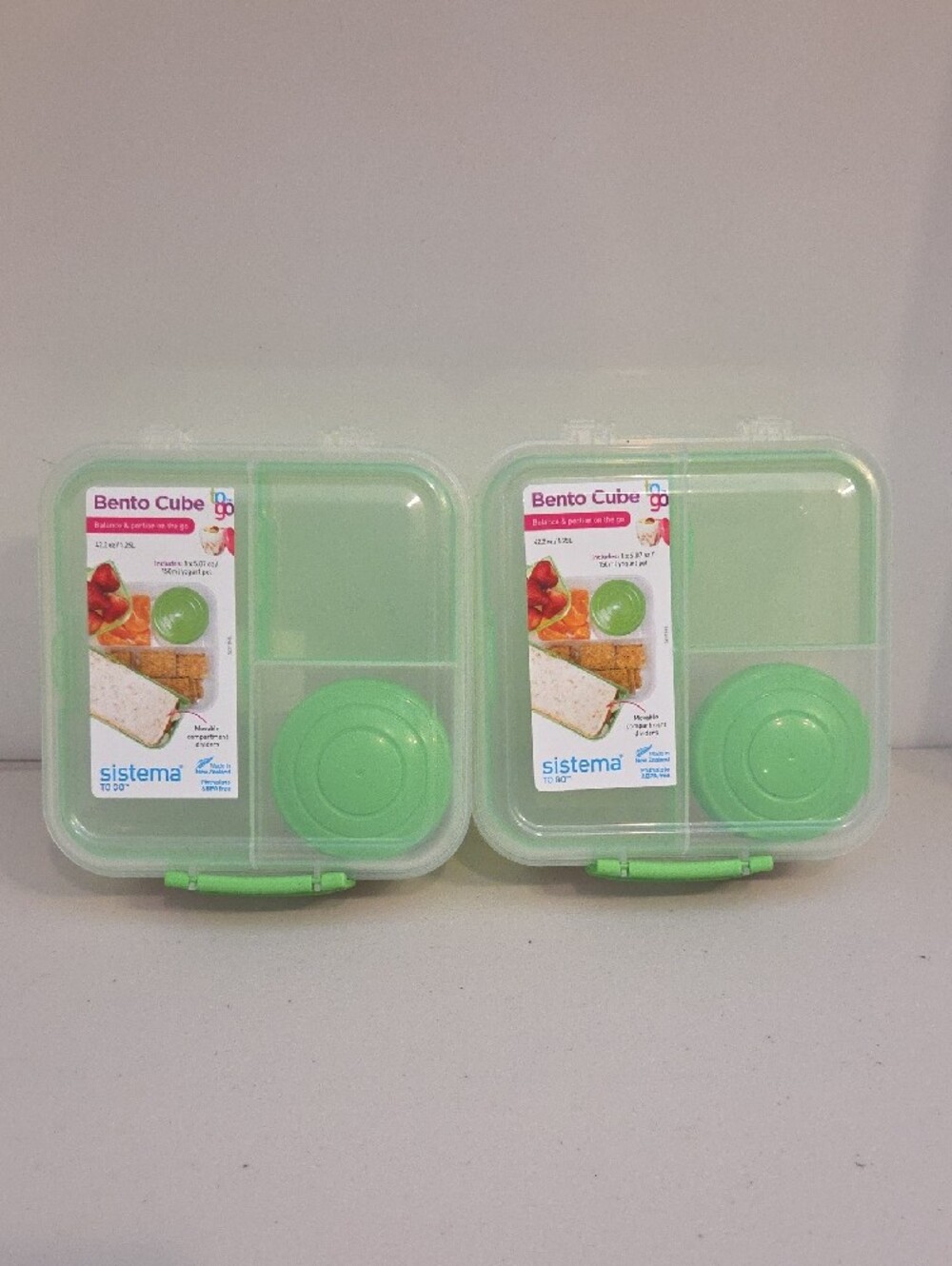 Sistema To Go Bento Cube Lunch Box 1.25L with Yogurt Pot Green Set of 2 New